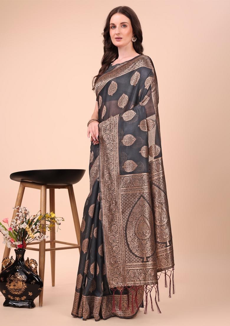 Black Embroidered Cotton Saree  Set