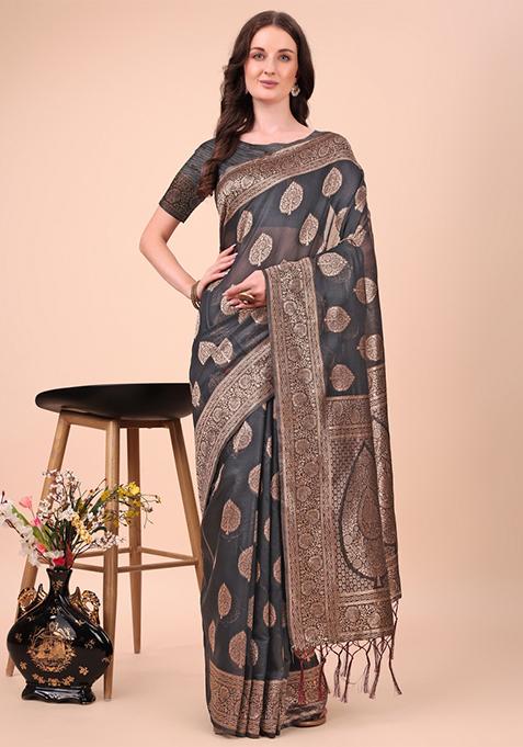 Black Embroidered Cotton Saree  Set