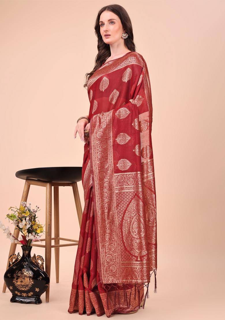 Maroon Embroidered Cotton Saree  Set