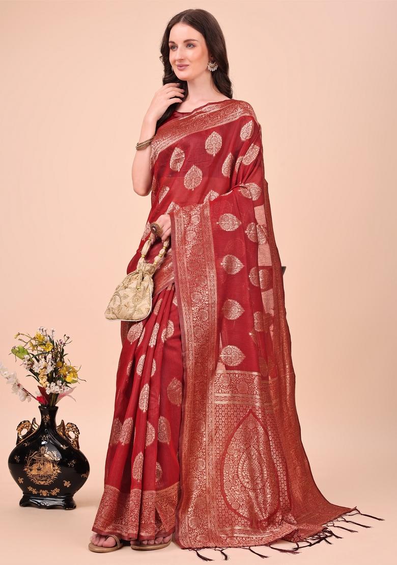 Maroon Embroidered Cotton Saree  Set