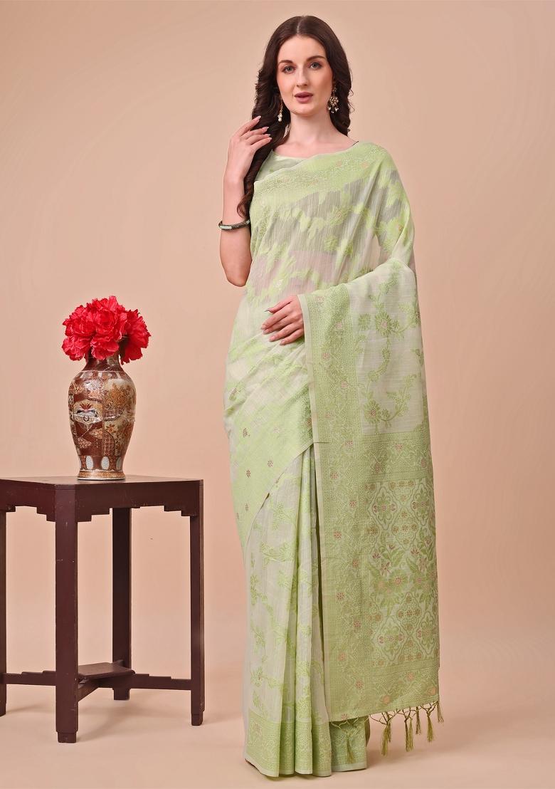 Light Green Embroidered Cotton Saree Set