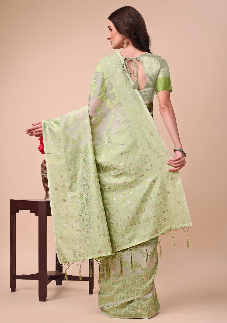 Light Green Embroidered Cotton Saree Set