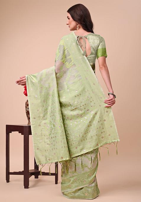 Light Green Embroidered Cotton Saree Set