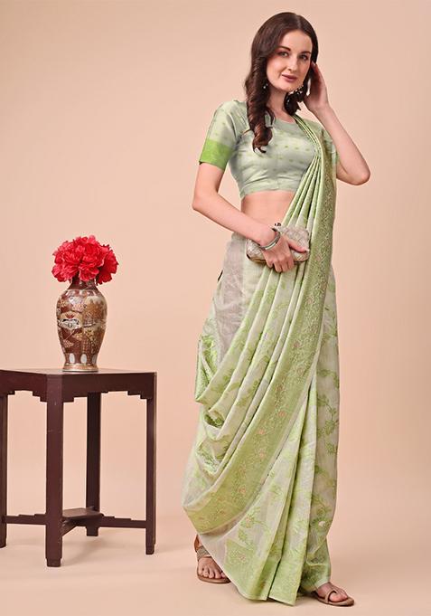 Light Green Embroidered Cotton Saree Set