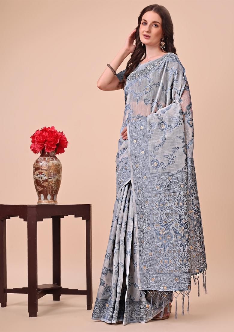Grey Embroidered Cotton Saree Set