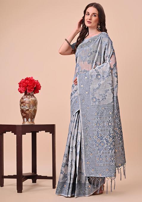 Grey Embroidered Cotton Saree Set