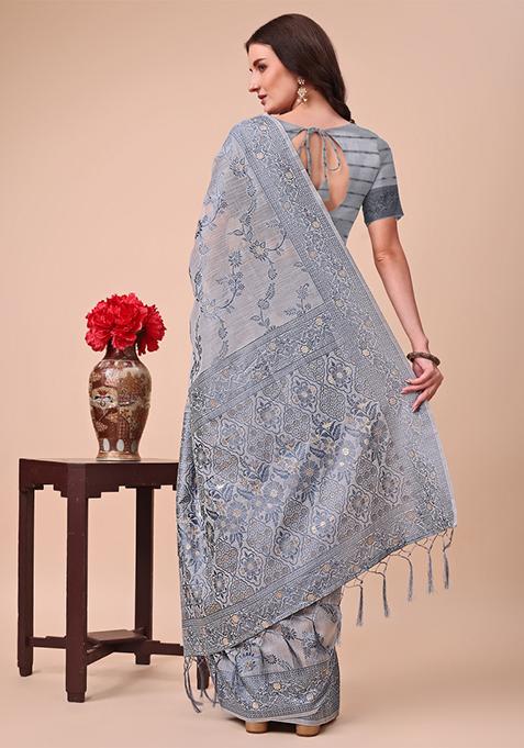 Grey Embroidered Cotton Saree Set