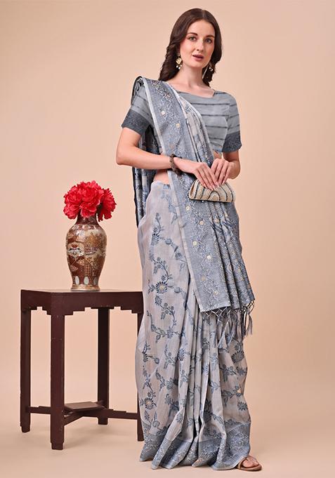 Grey Embroidered Cotton Saree Set