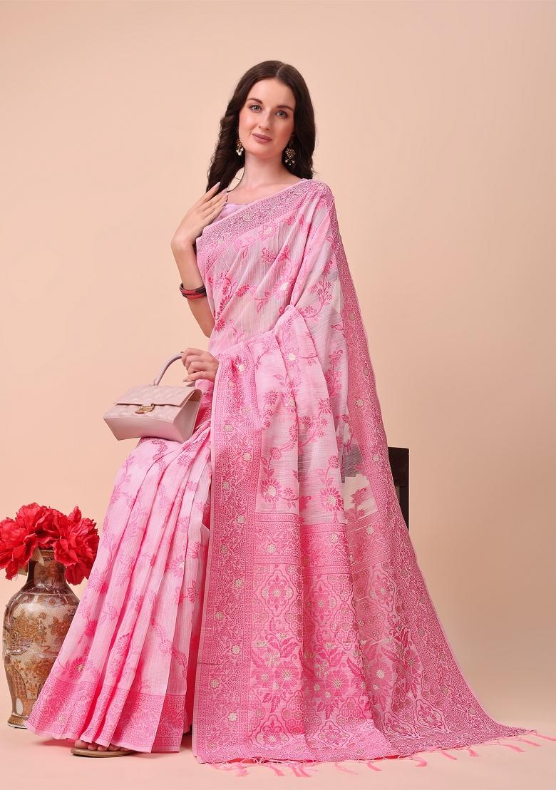Pink Embroidered Cotton Saree  Set
