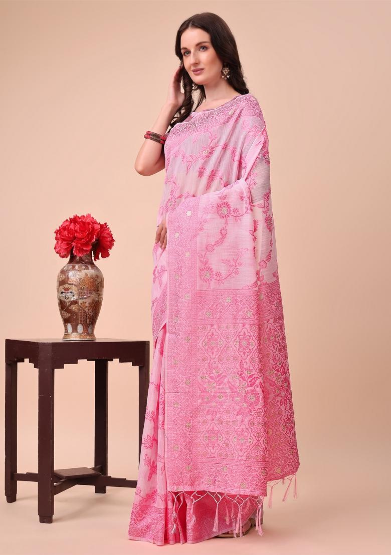 Pink Embroidered Cotton Saree  Set