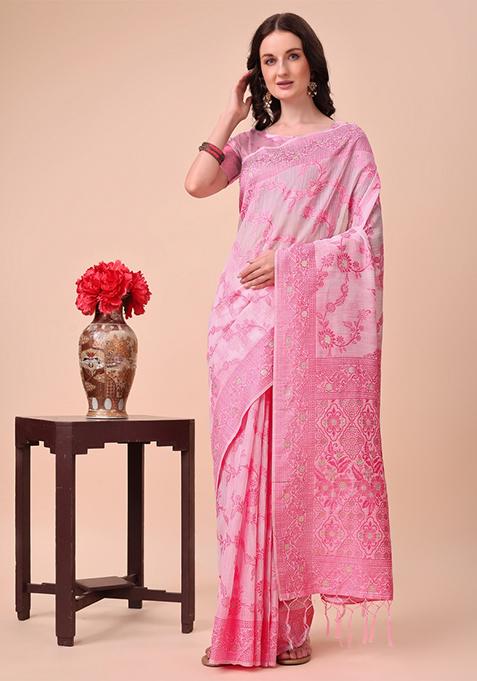 Pink Embroidered Cotton Saree  Set