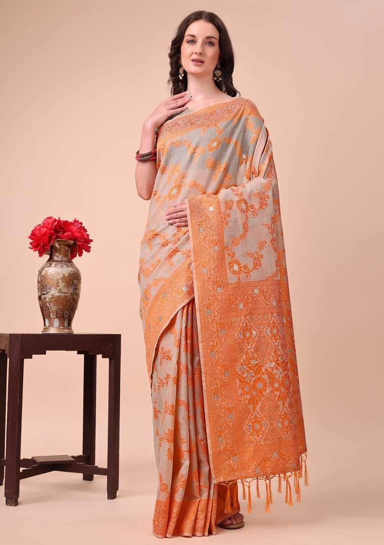 Orange Embroidered Cotton Saree  Set - Indya