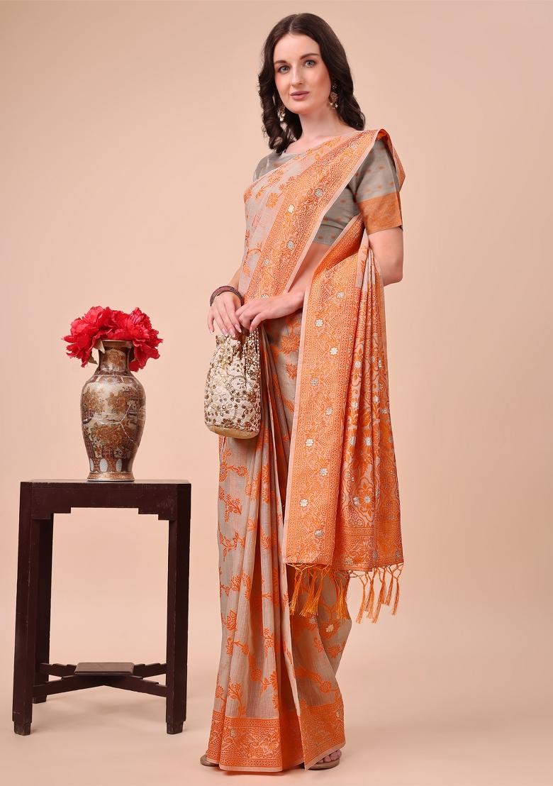Orange Embroidered Cotton Saree  Set