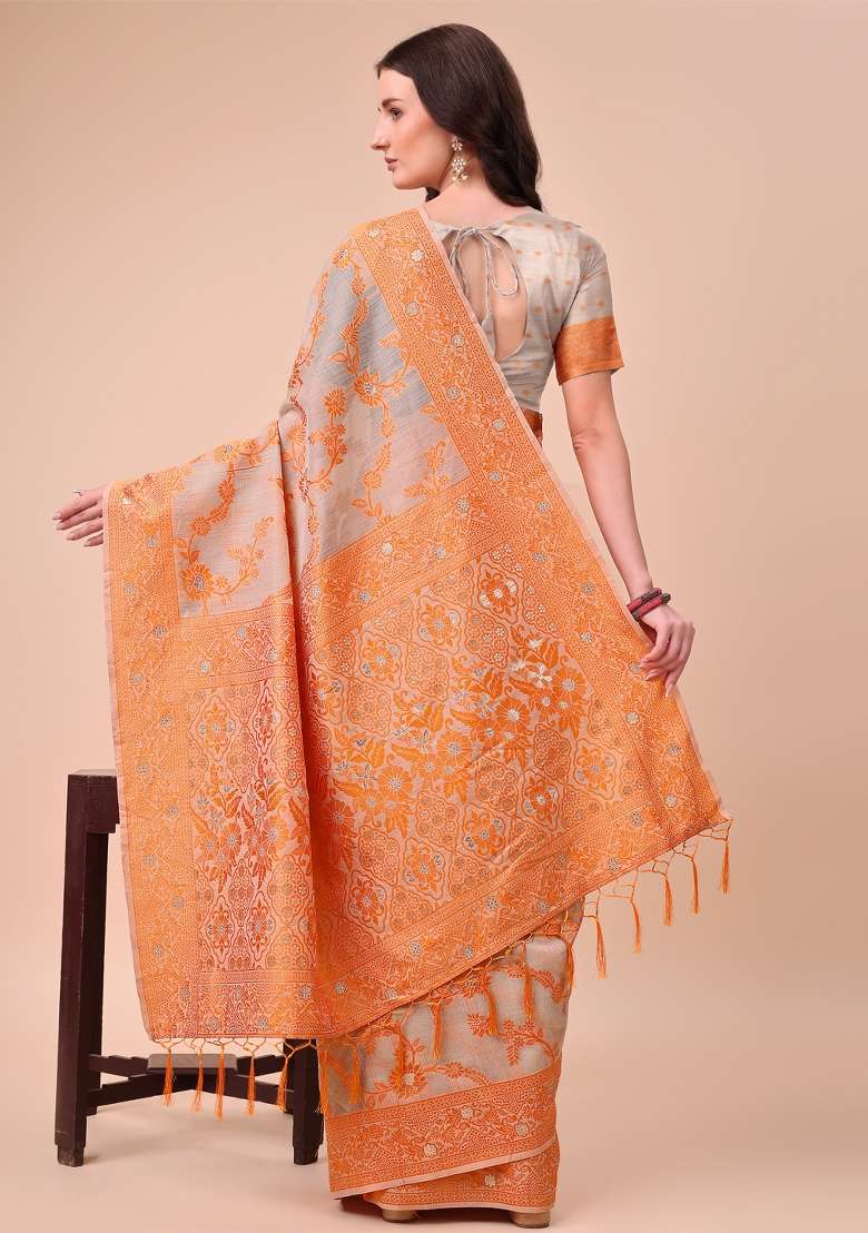 Orange Embroidered Cotton Saree  Set - Indya