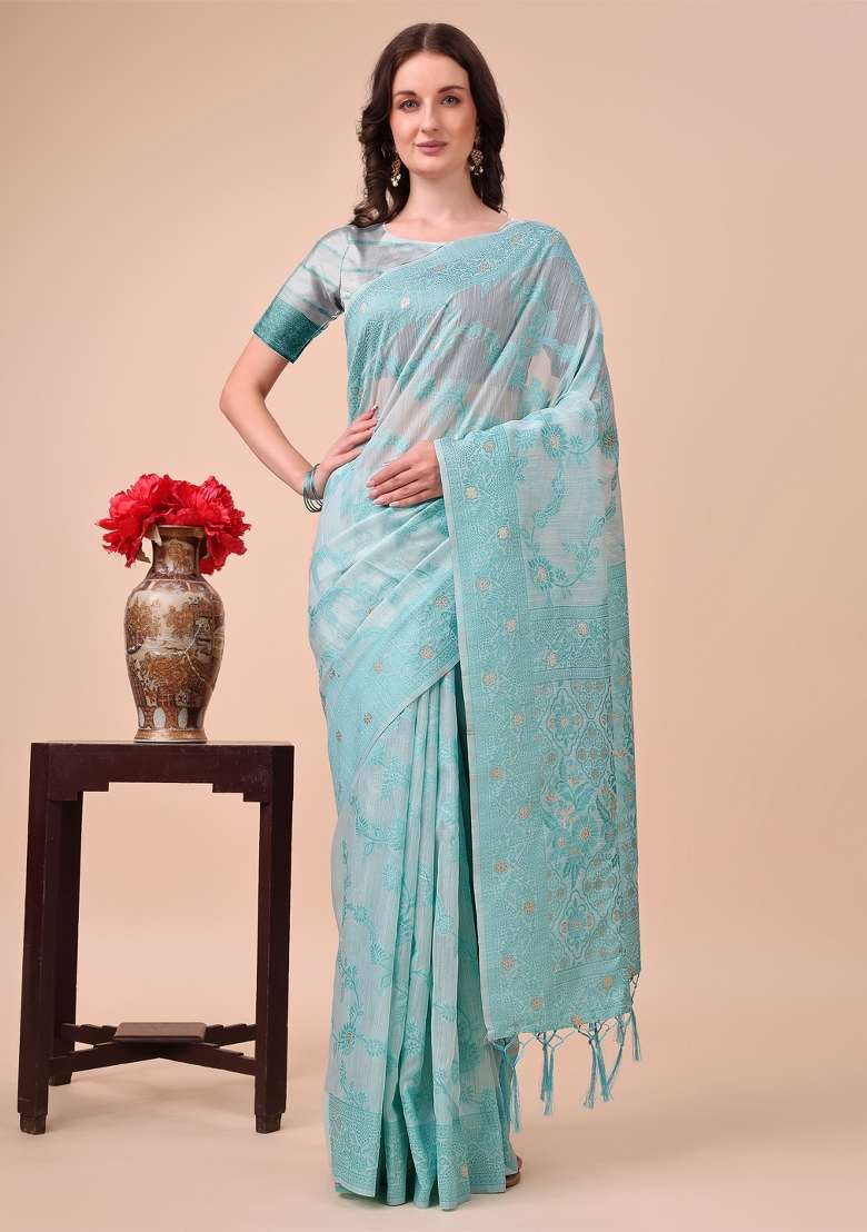 Sky Blue Embroidered Cotton Saree  Set - Indya