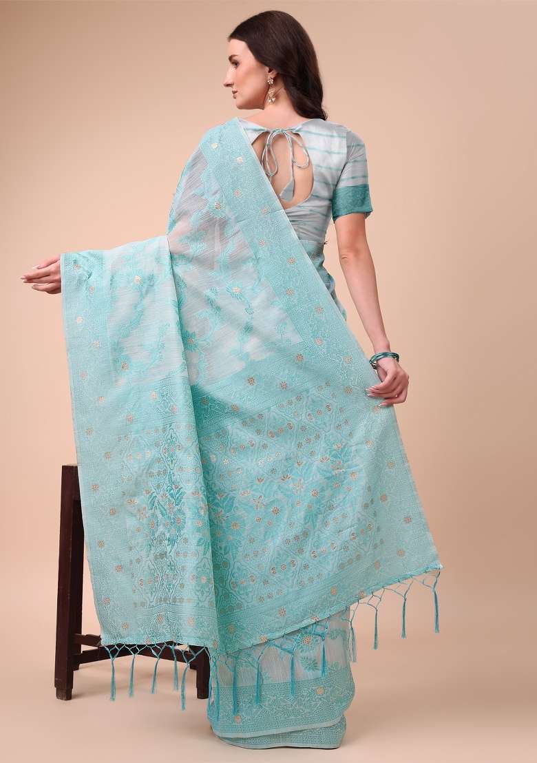 Sky Blue Embroidered Cotton Saree  Set - Indya