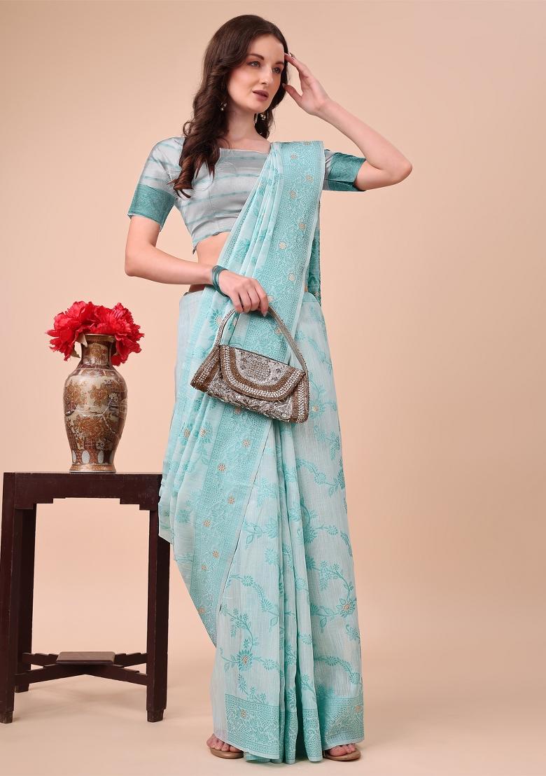 Sky Blue Embroidered Cotton Saree  Set