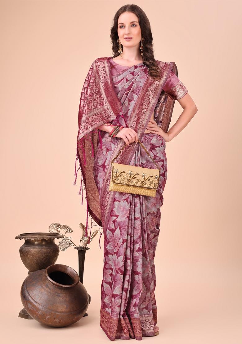 Magenta Embroidered Cotton Saree  Set