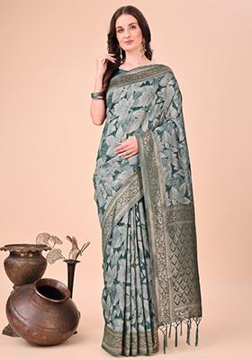 Green Embroidered Cotton Saree  Set