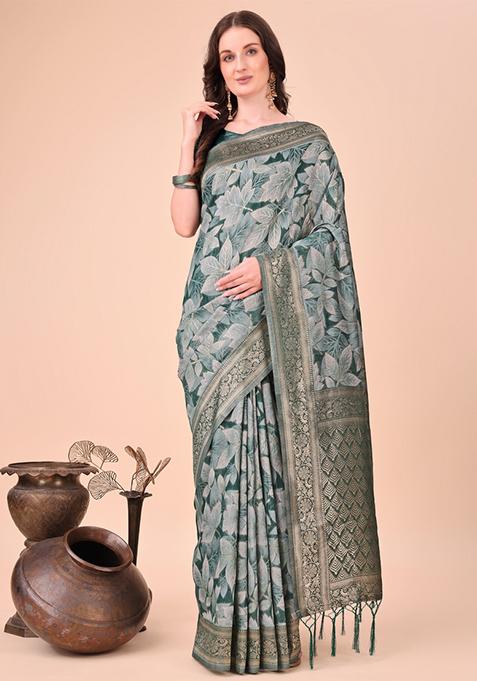 Green Embroidered Cotton Saree  Set