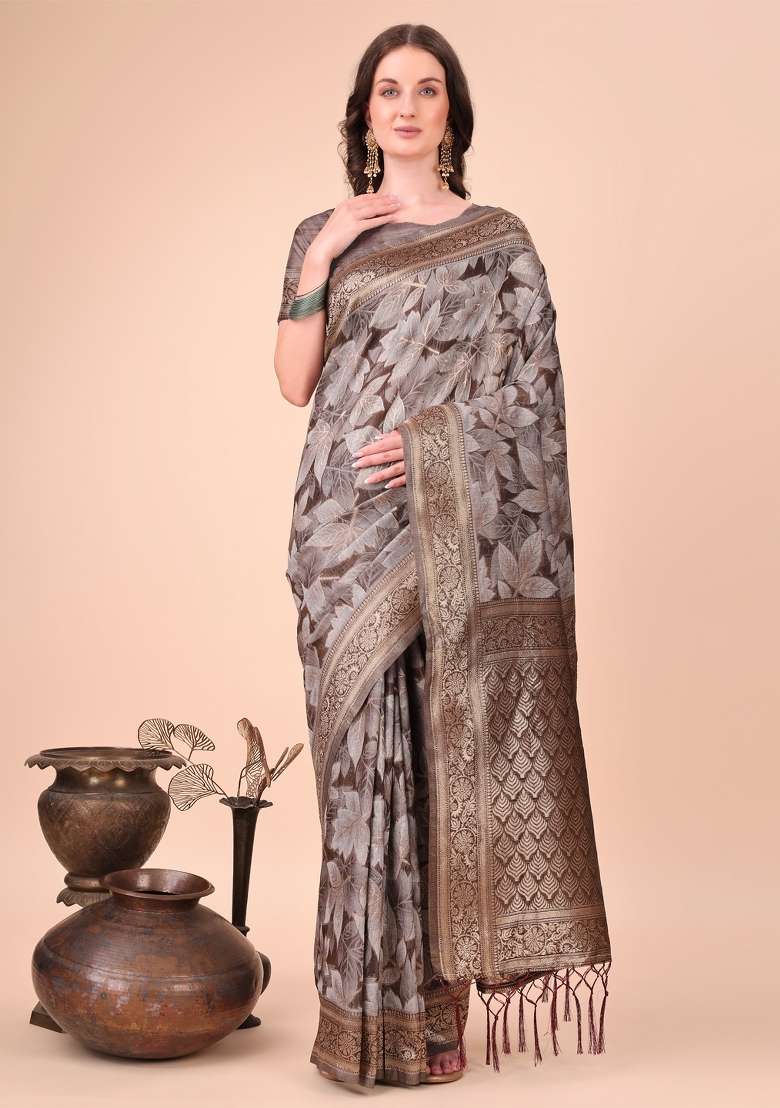 Brown Embroidered Cotton Saree  Set - Indya