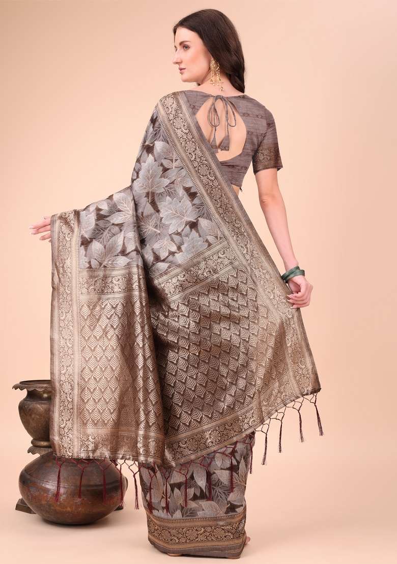 Brown Embroidered Cotton Saree  Set - Indya