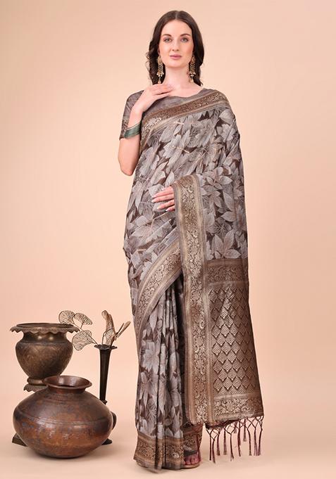 Brown Embroidered Cotton Saree  Set