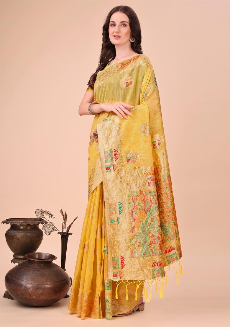 Yellow Embroidered Linen Cotton Saree  Set