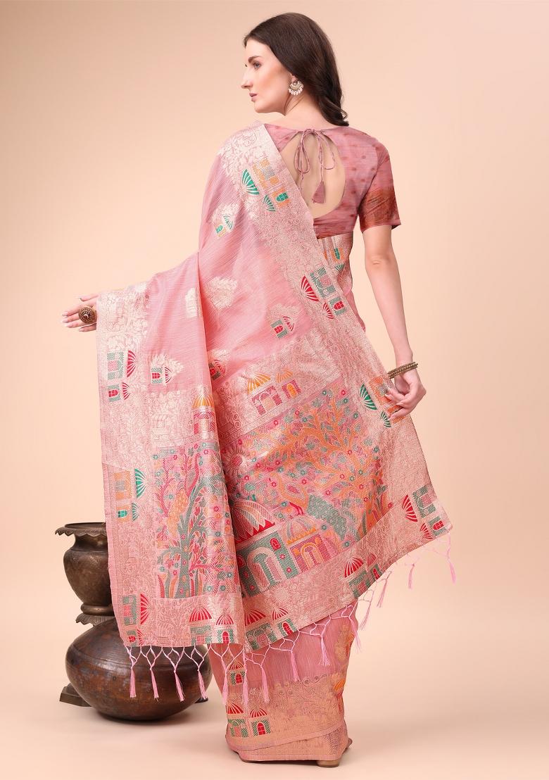 Pink Embroidered Linen Cotton Saree Set