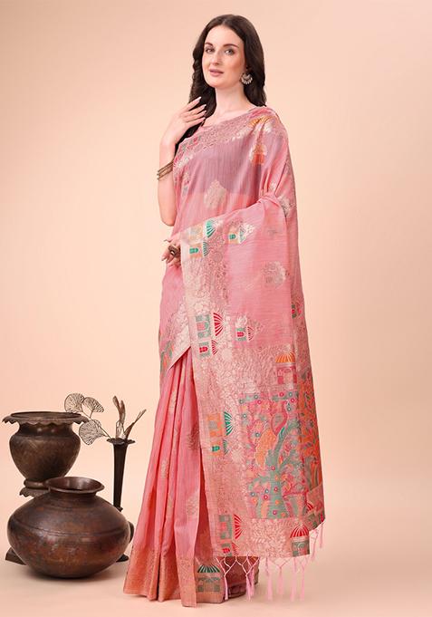 Pink Embroidered Linen Cotton Saree Set