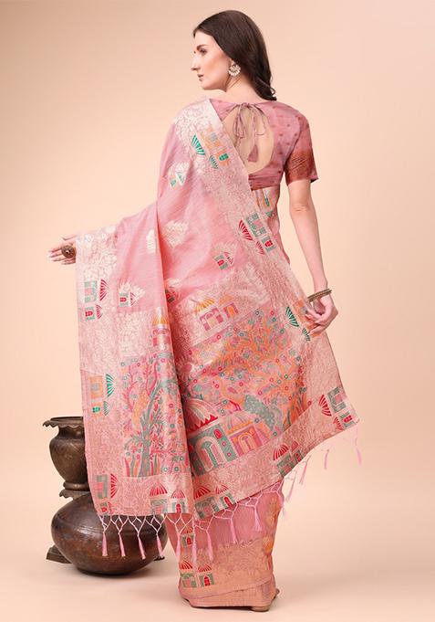 Pink Embroidered Linen Cotton Saree Set