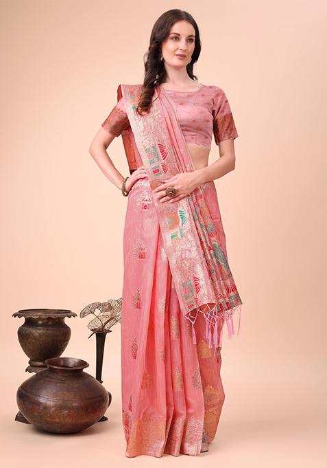Pink Embroidered Linen Cotton Saree Set