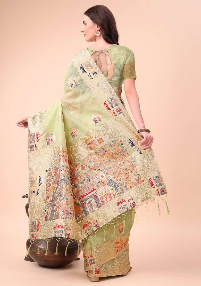 Light Green Linen Cotton Saree Set with Embroidered for Diwali | Wedding & Festive Wear - Indya