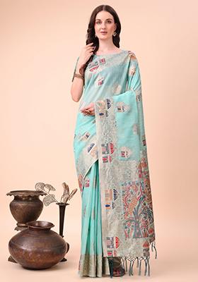 Sky Blue Embroidered Linen Cotton Saree  Set