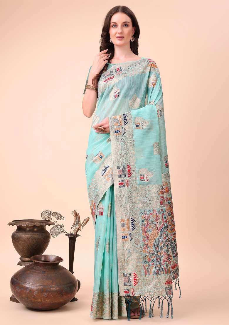 Sky Blue Linen Cotton Saree Set with Embroidered for Diwali | Wedding & Festive Wear - Indya