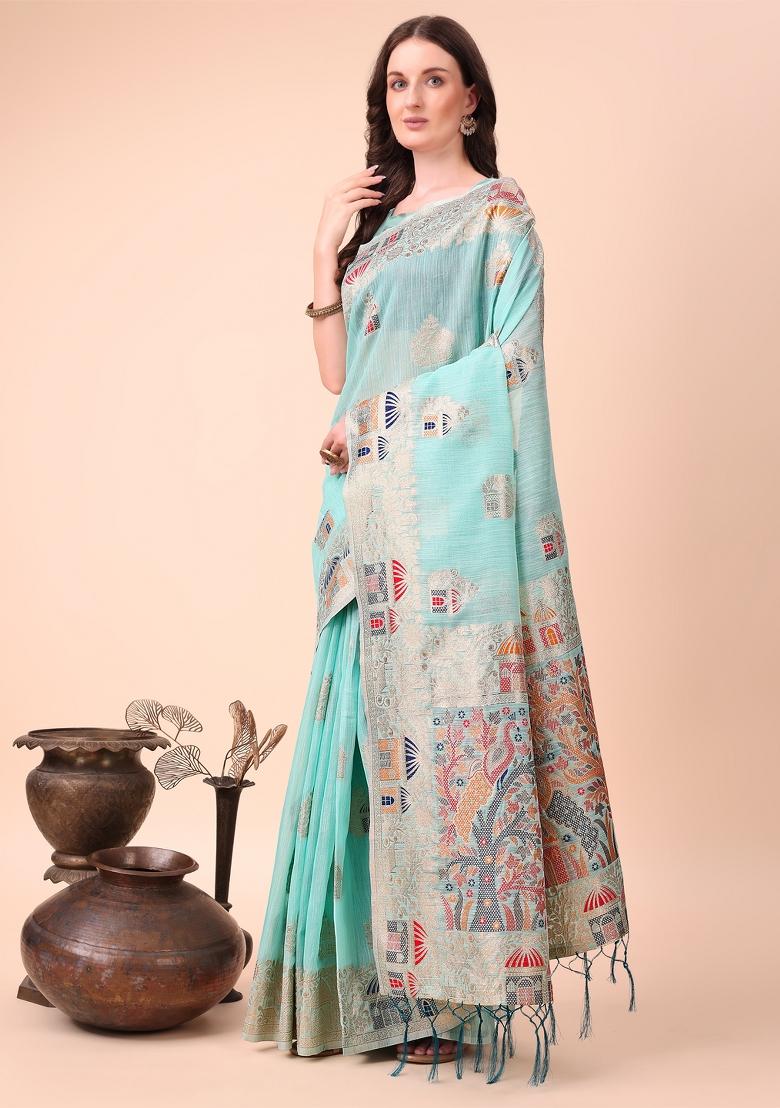 Sky Blue Embroidered Linen Cotton Saree  Set