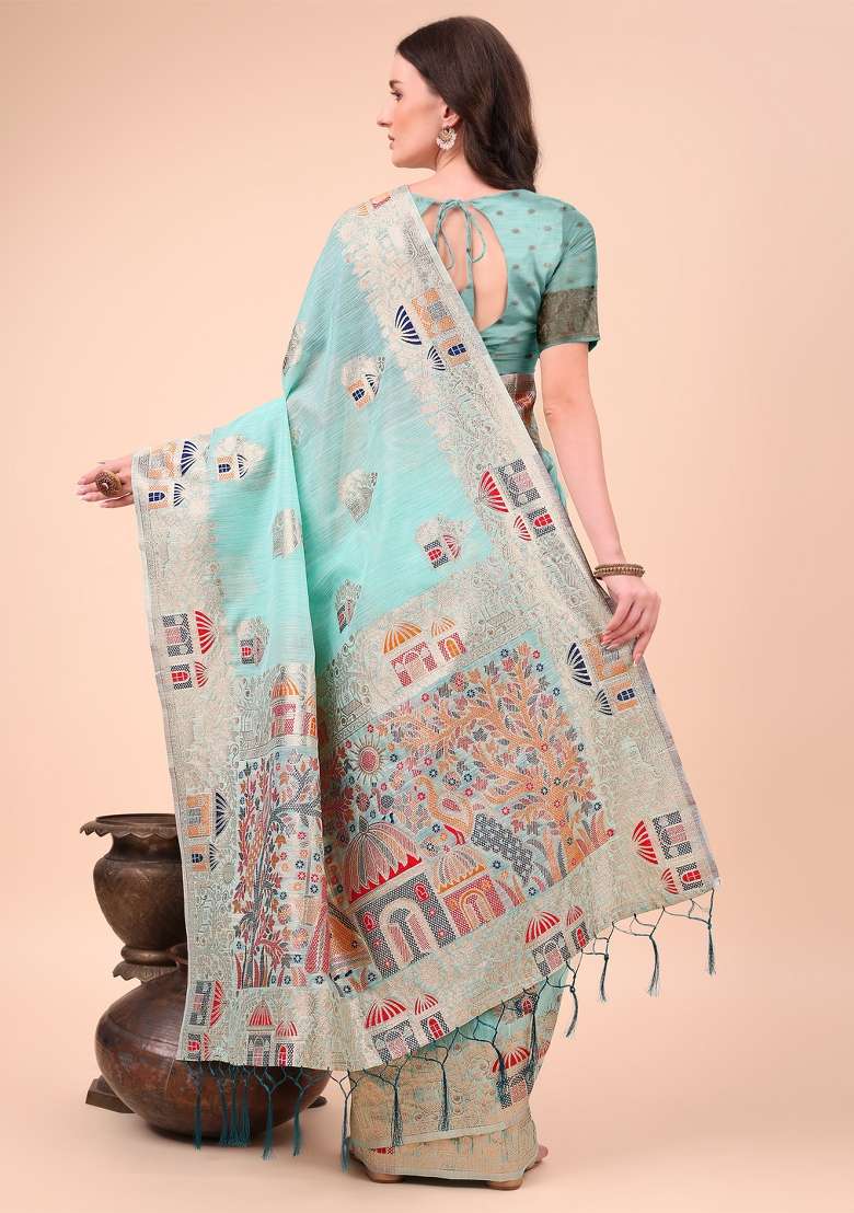 Sky Blue Linen Cotton Saree Set with Embroidered for Diwali | Wedding & Festive Wear - Indya
