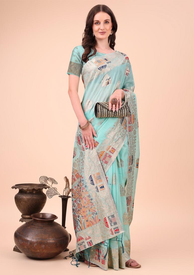 Sky Blue Embroidered Linen Cotton Saree  Set