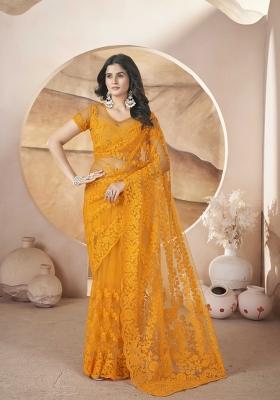Yellow Embroidered Butterfly Net Saree  Set