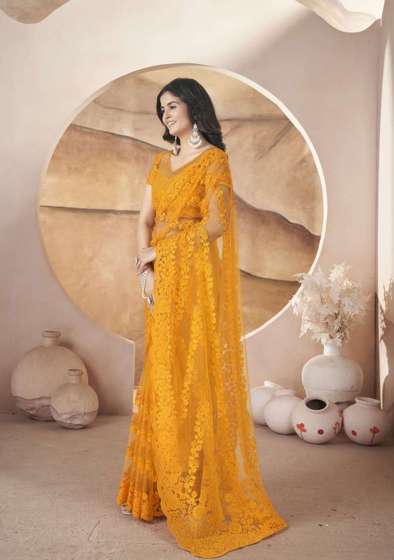 Yellow Embroidered Butterfly Net Saree  Set - Indya