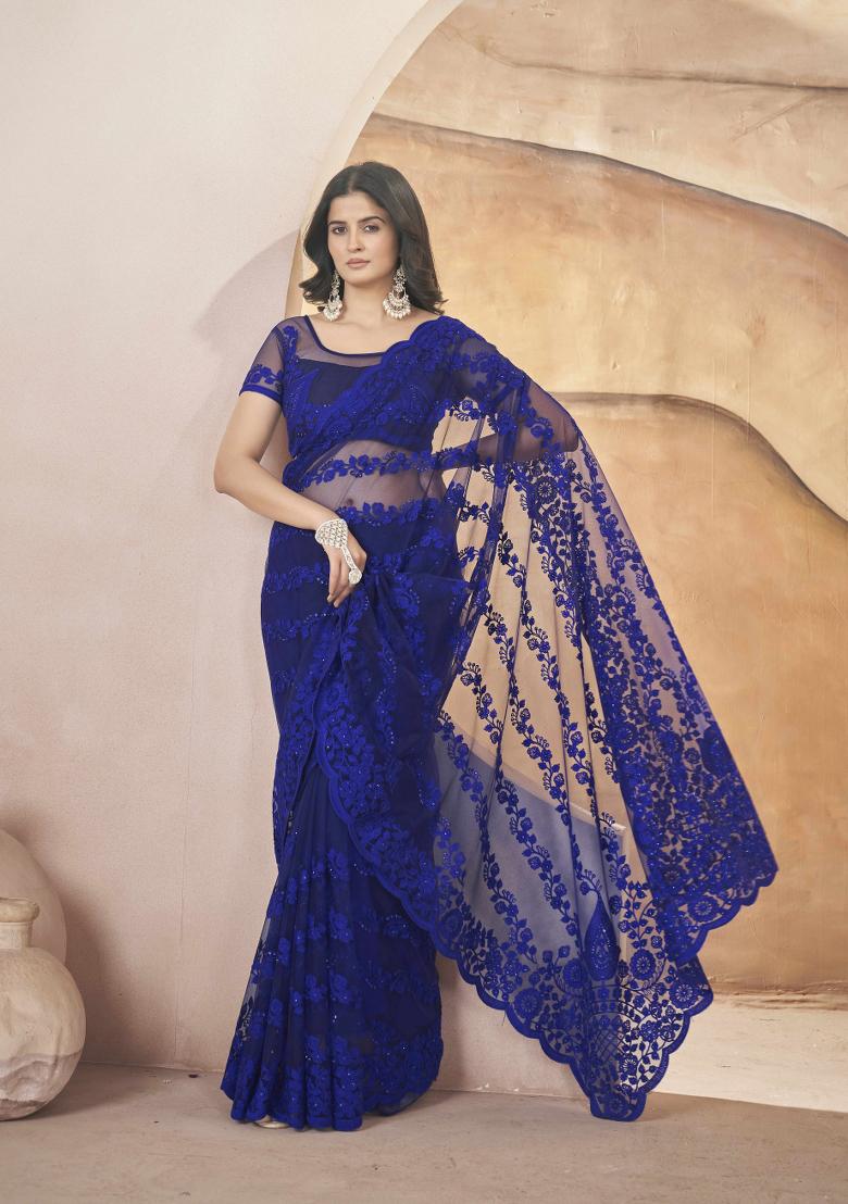 Blue Embroidered Butterfly Net Saree  Set