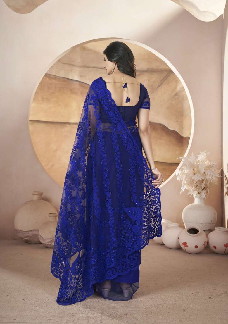 Blue Embroidered Butterfly Net Saree  Set - Indya