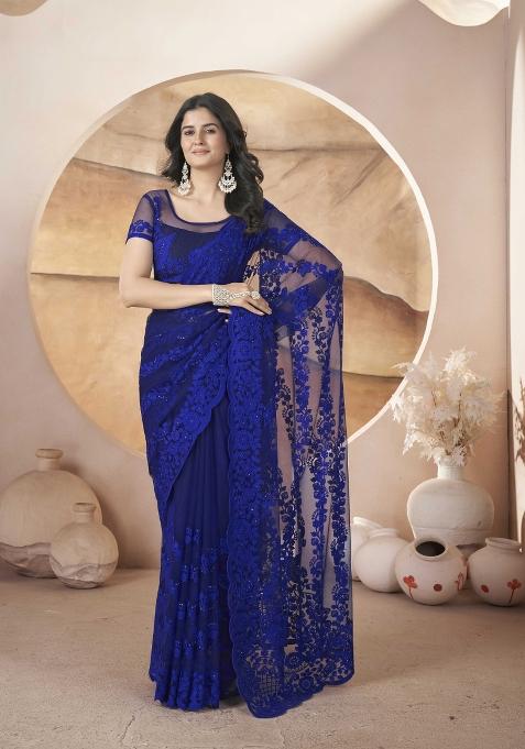 Blue Embroidered Butterfly Net Saree  Set
