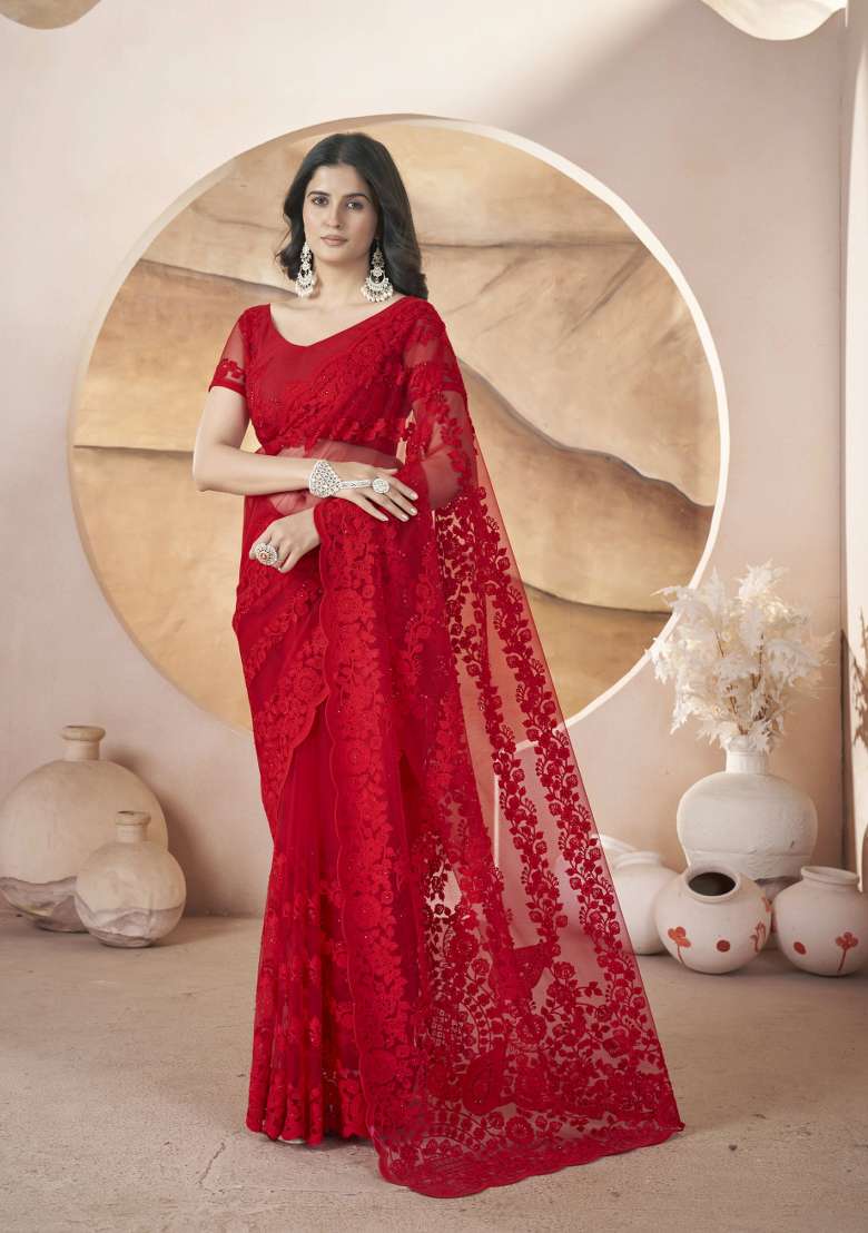 Red Embroidered Butterfly Net Saree  Set - Indya