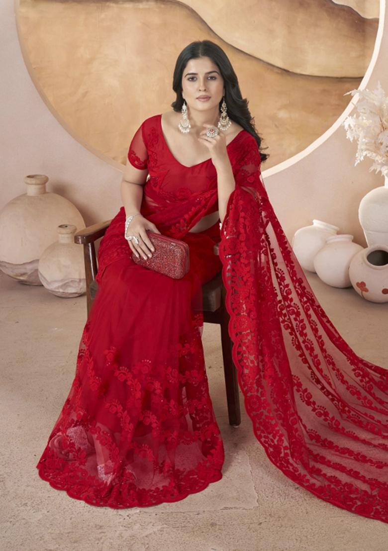 Red Embroidered Butterfly Net Saree  Set