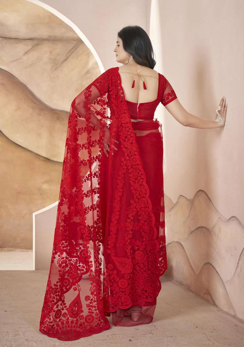 Red Embroidered Butterfly Net Saree  Set - Indya