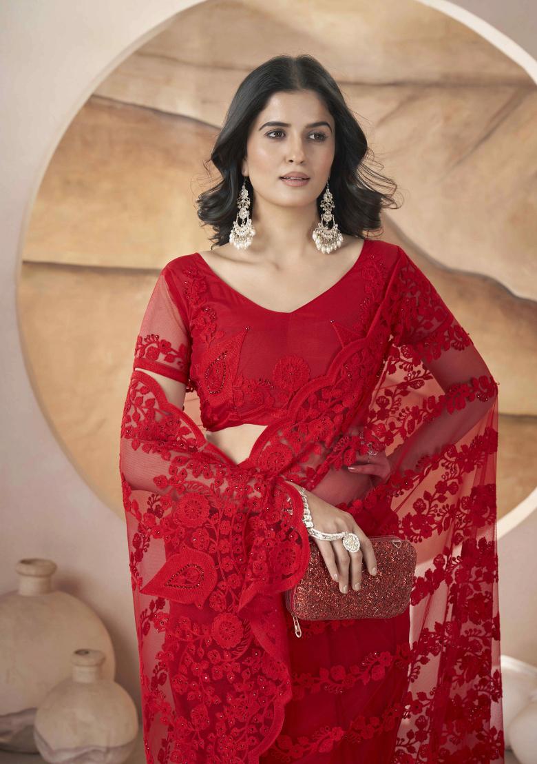 Red Embroidered Butterfly Net Saree  Set