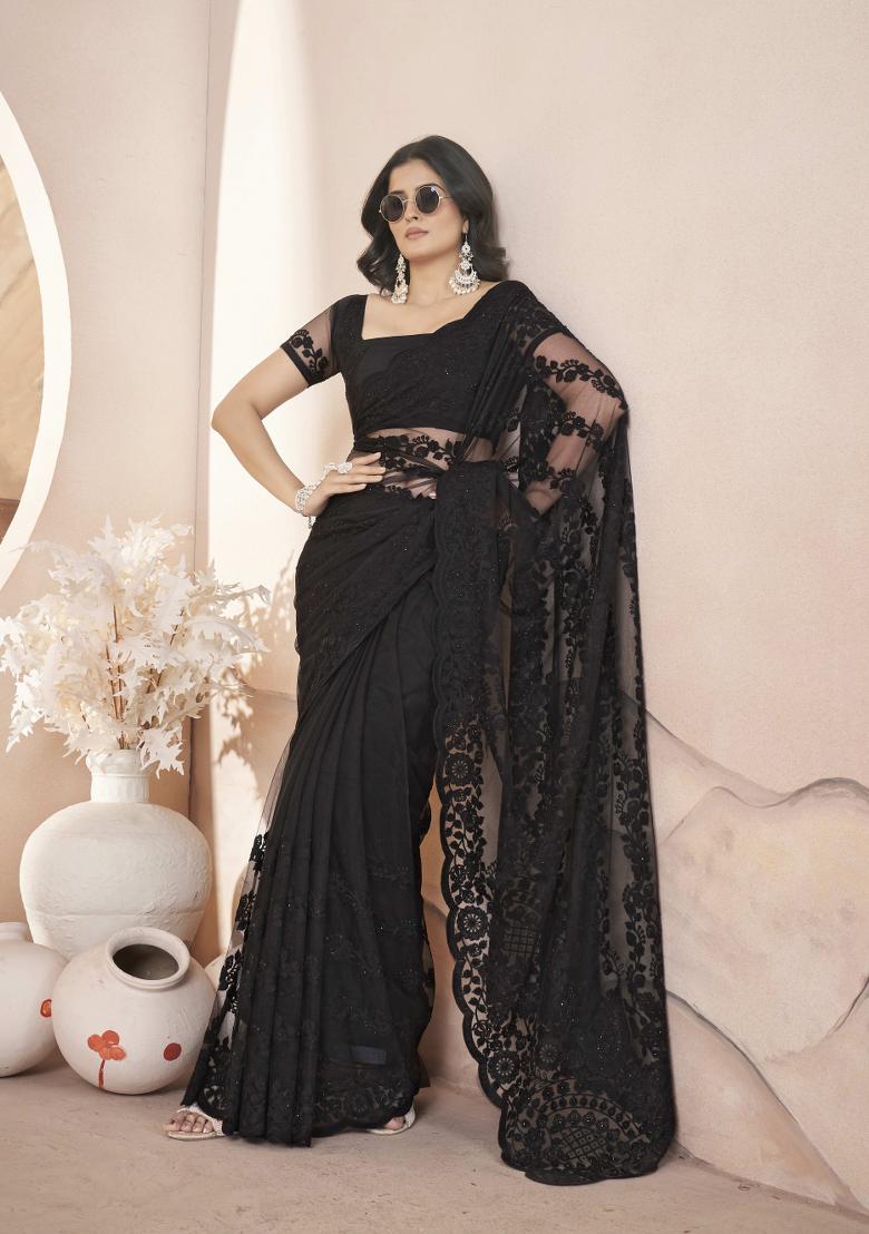 Black Embroidered Butterfly Net Saree  Set