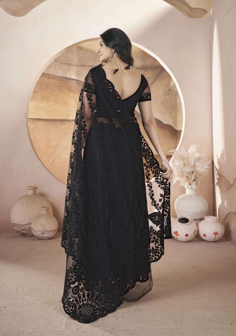 Black Embroidered Butterfly Net Saree  Set - Indya