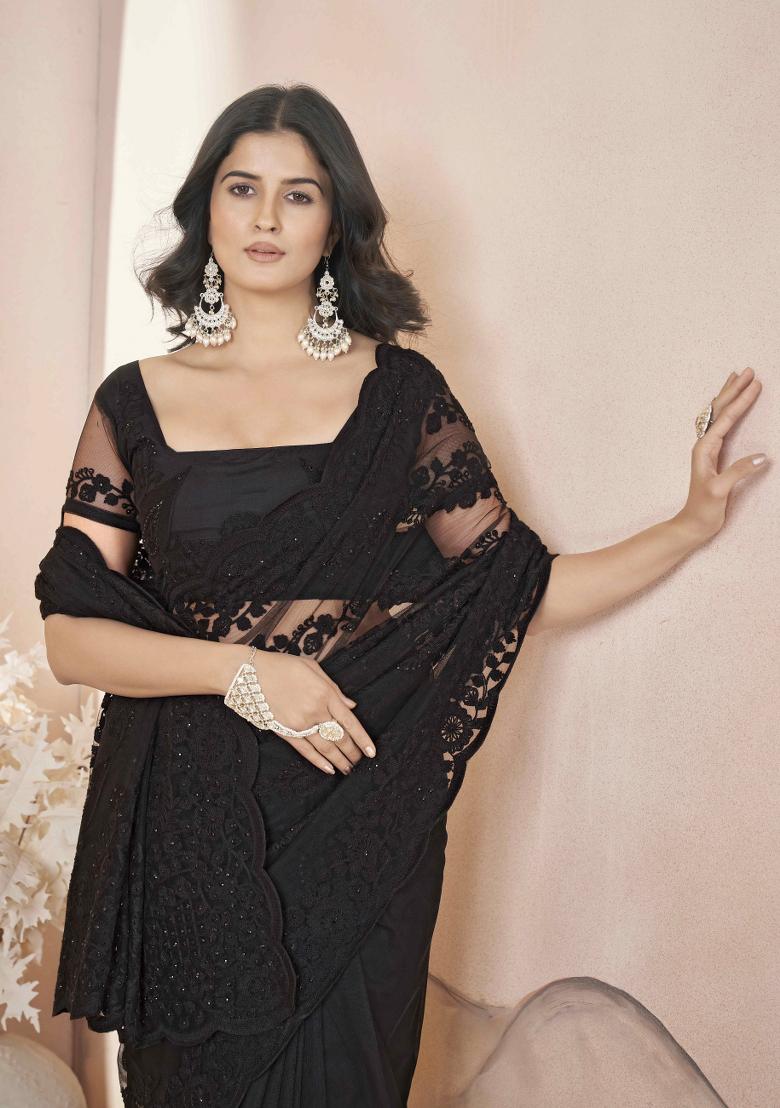 Black Embroidered Butterfly Net Saree  Set